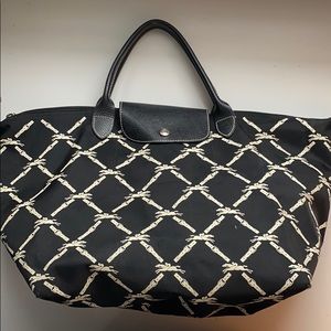 Longchamp Short Strap Handbag Black w/ white horse